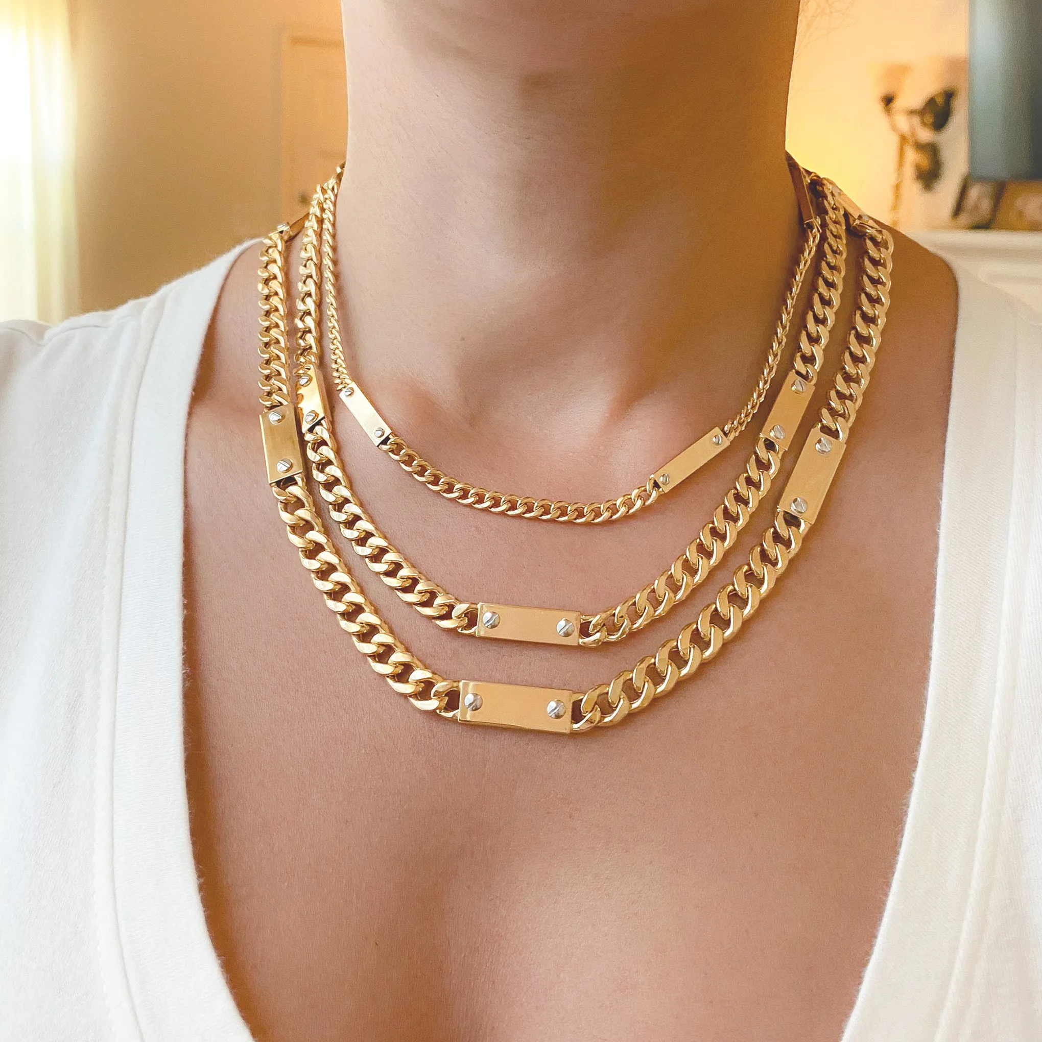 14K Gold Cuban Link Bar Chain Necklace, Medium Size Link