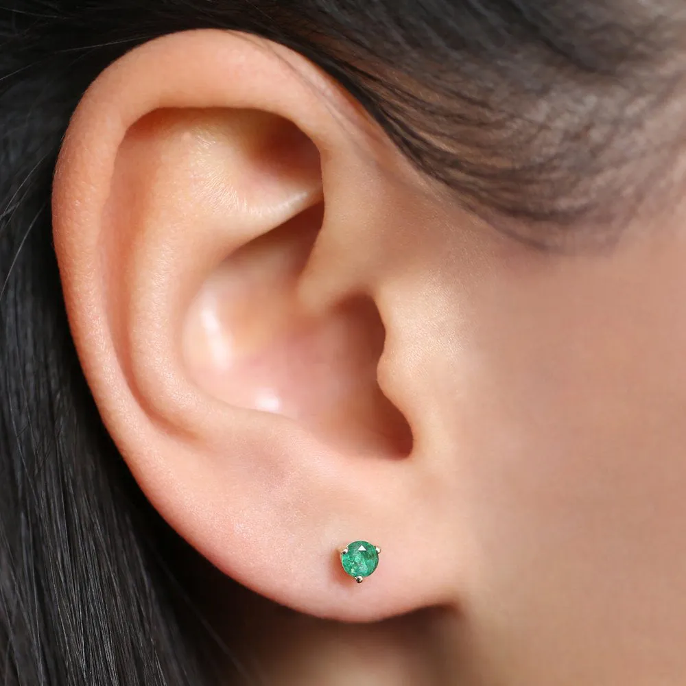 14K Gold Round Cut Emerald Stud Earrings
