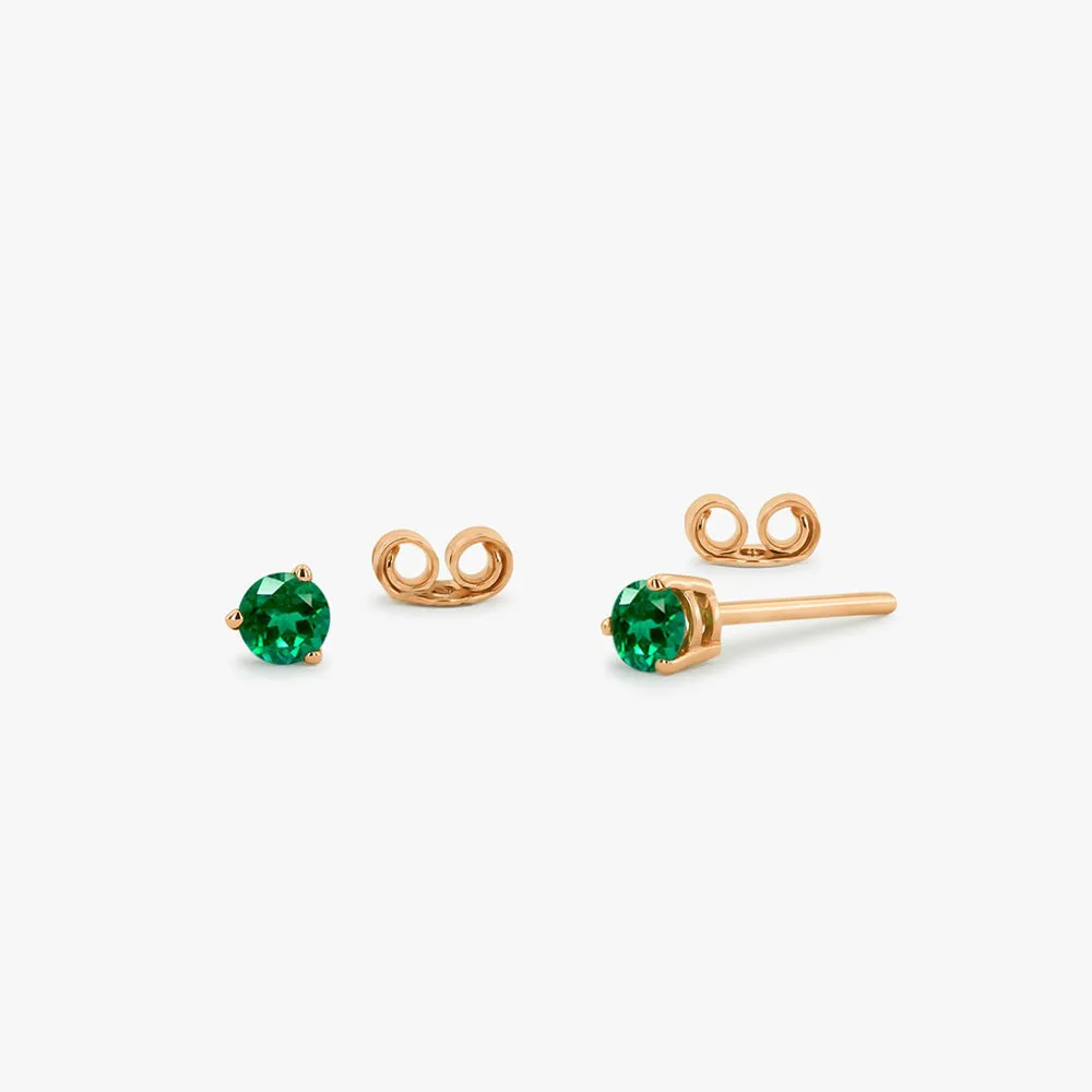 14K Gold Round Cut Emerald Stud Earrings