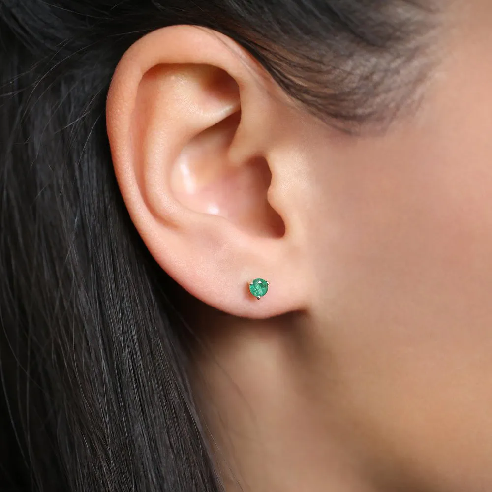 14K Gold Round Cut Emerald Stud Earrings