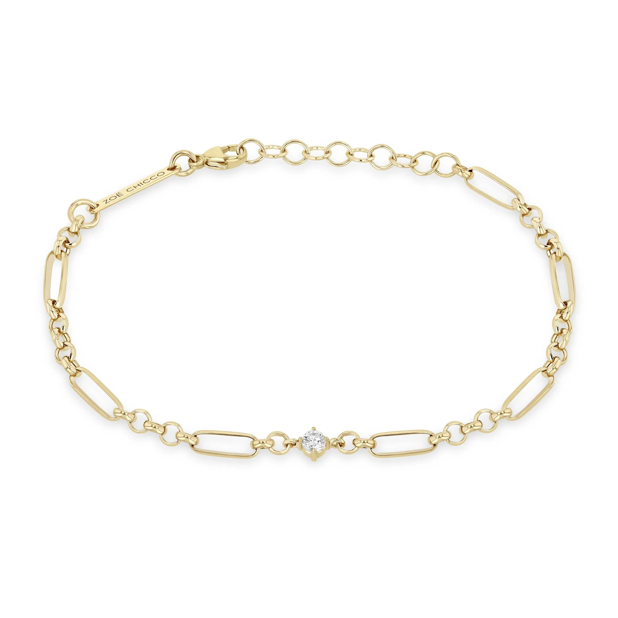 14k Prong Diamond Medium Paperclip Rolo Chain Bracelet