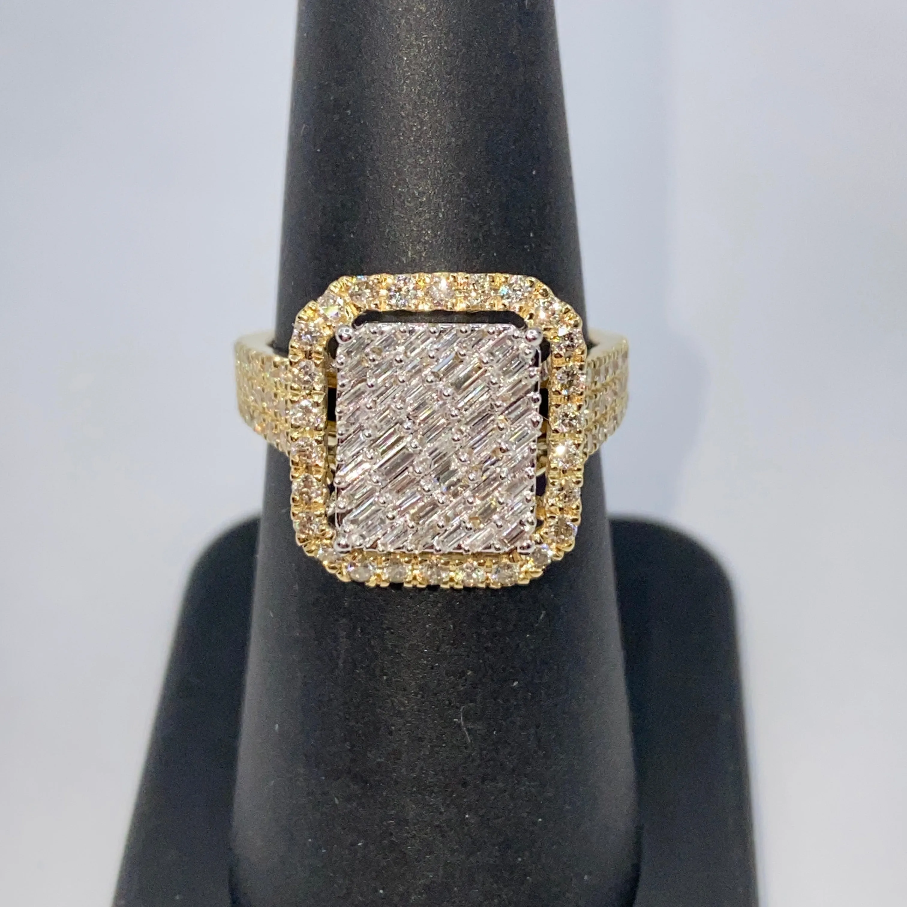 14K Rain Box Halo Diamond Baguette Ring