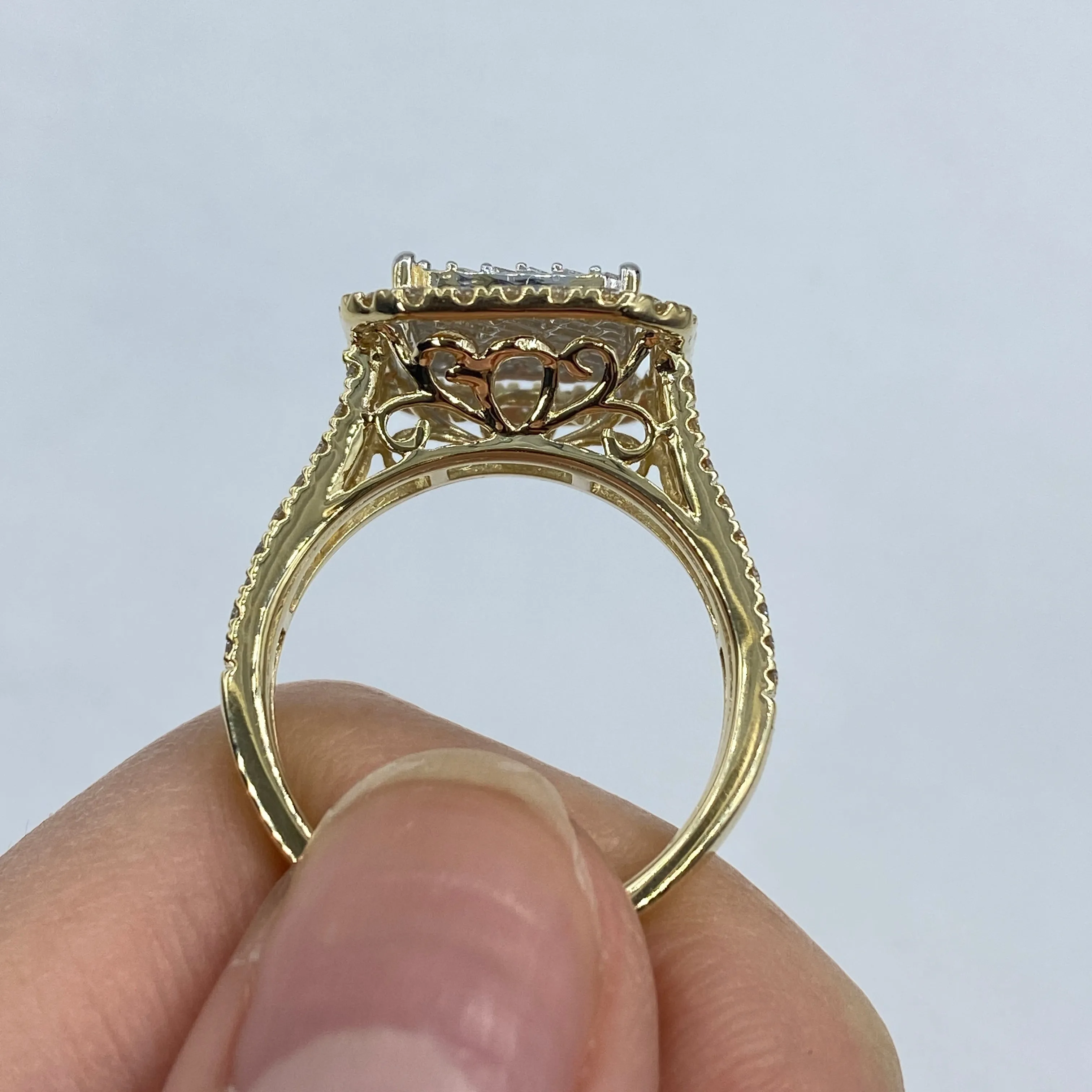 14K Rain Box Halo Diamond Baguette Ring
