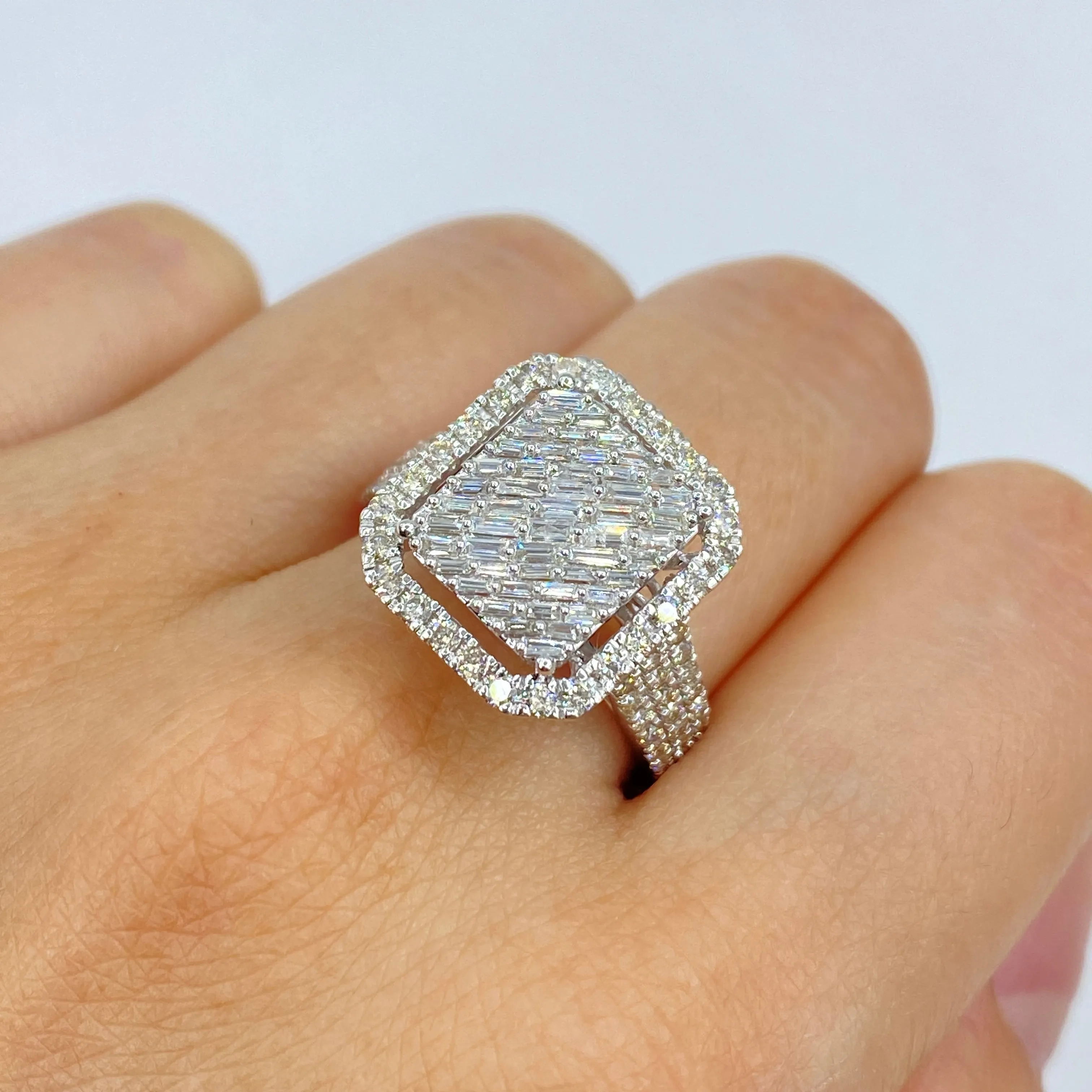14K Rain Box Halo Diamond Baguette Ring
