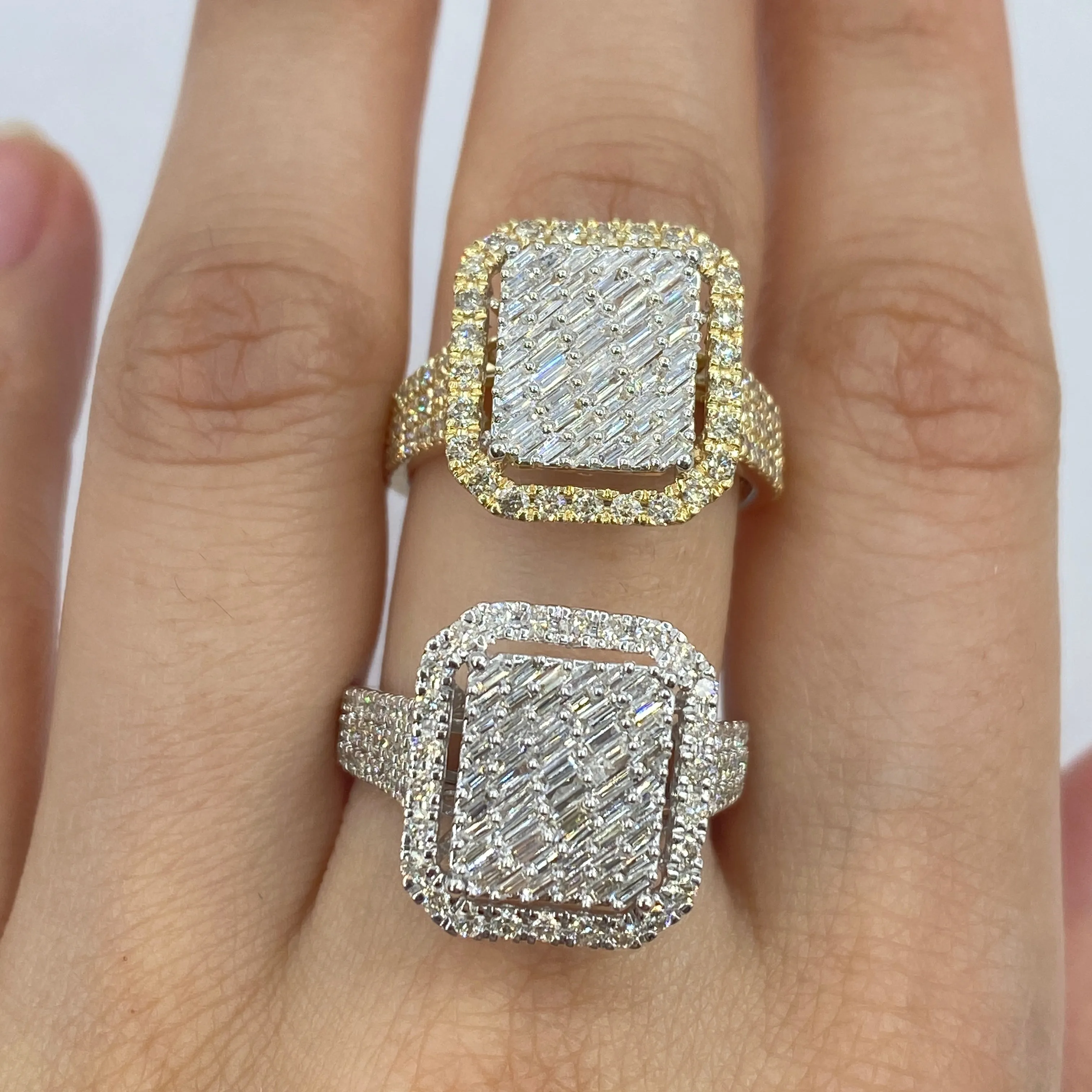 14K Rain Box Halo Diamond Baguette Ring