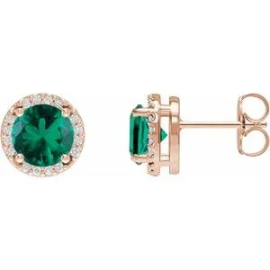 14K Rose Lab-Grown Emerald & .05 CTW Natural Diamond Halo-Style Earrings