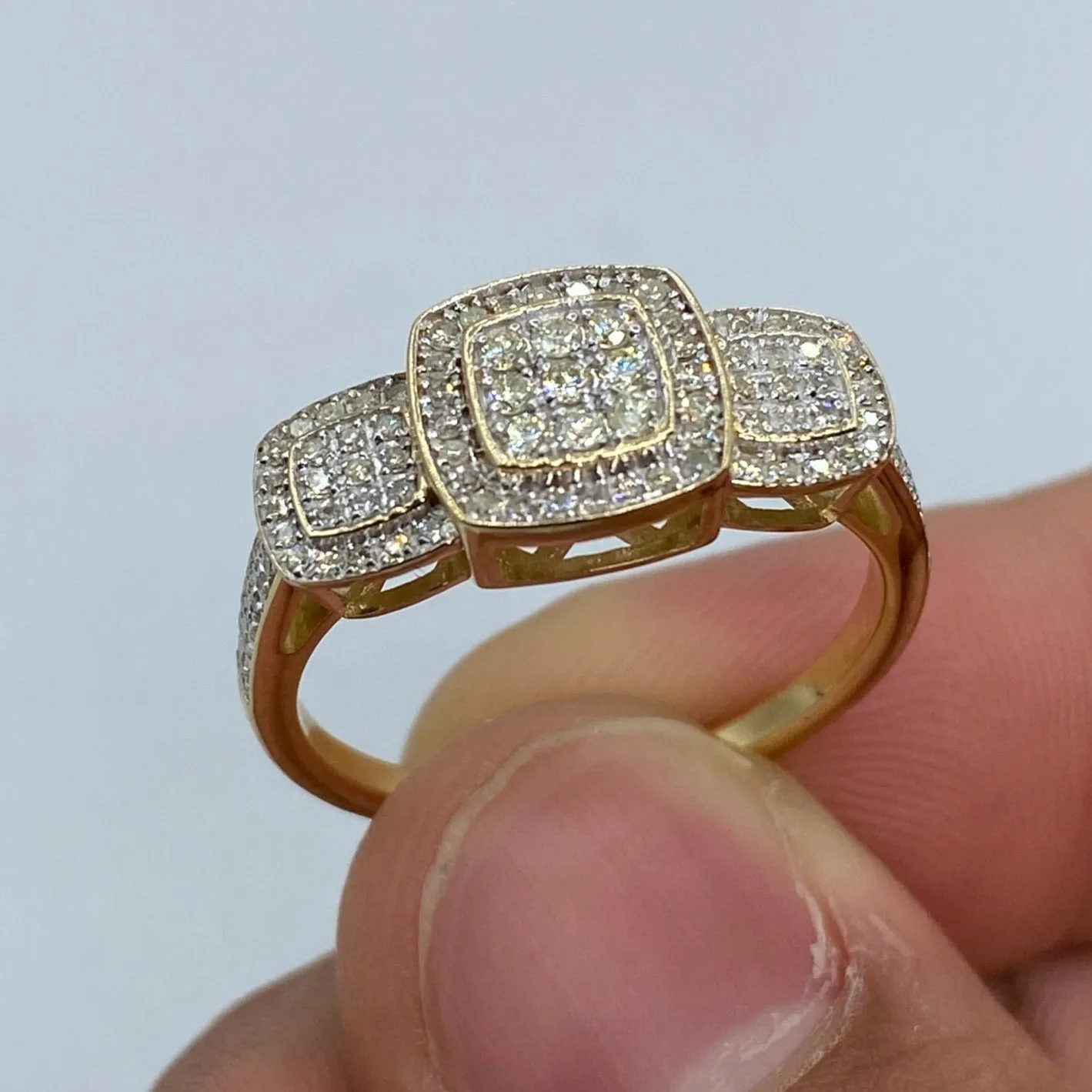 14K Rounded Tri-stone Square Cluster Diamond Engagement Ring