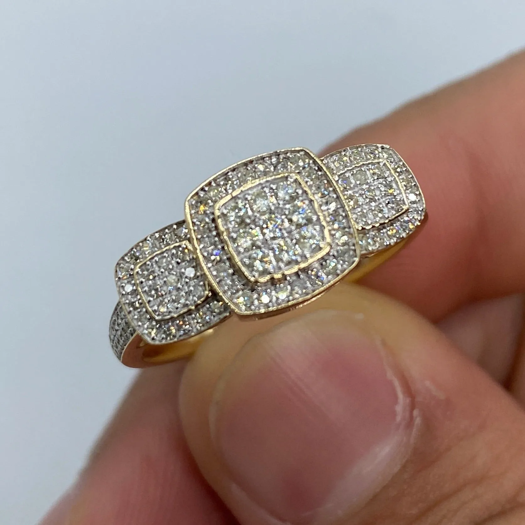 14K Rounded Tri-stone Square Cluster Diamond Engagement Ring