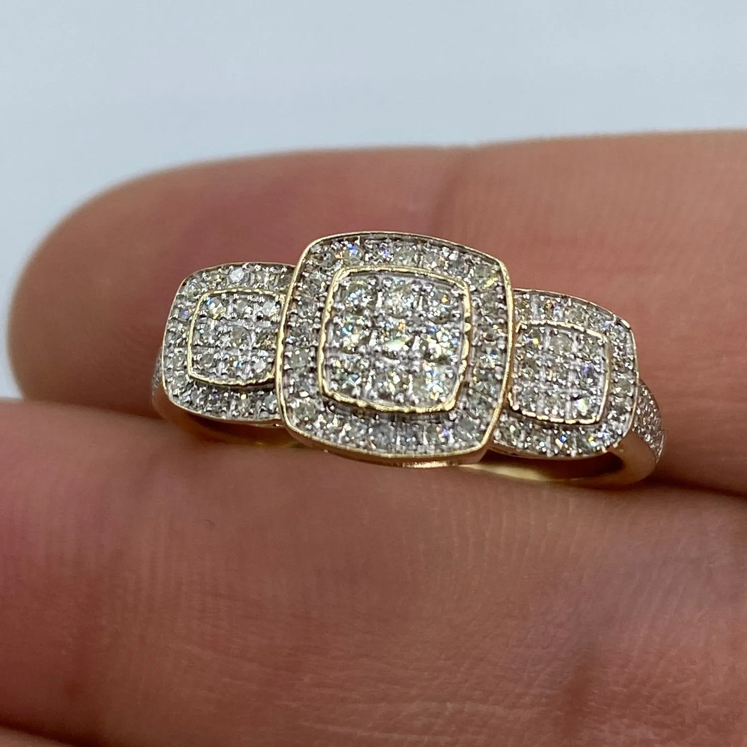 14K Rounded Tri-stone Square Cluster Diamond Engagement Ring