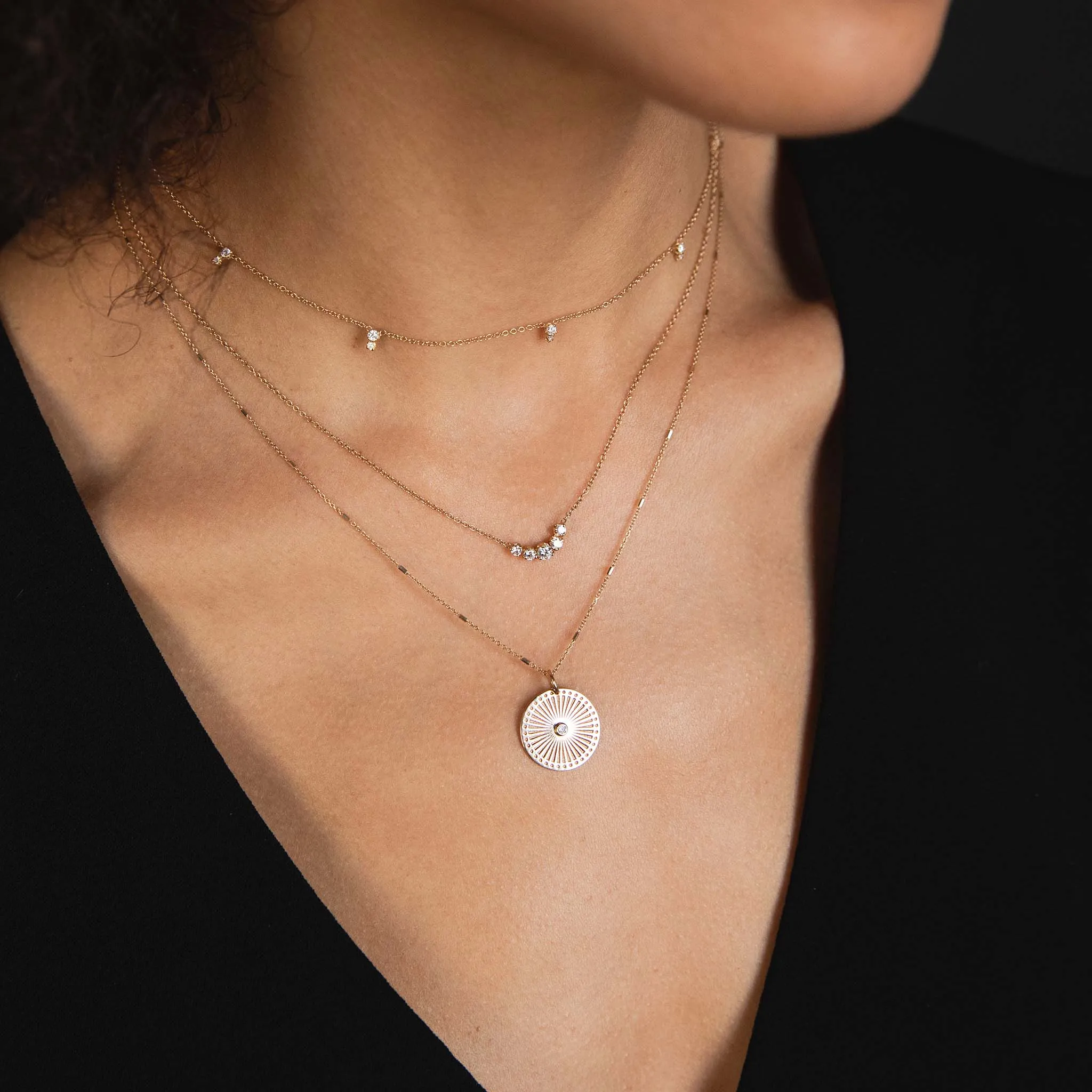 14k Small Sunbeam Medallion Diamond Bezel Necklace