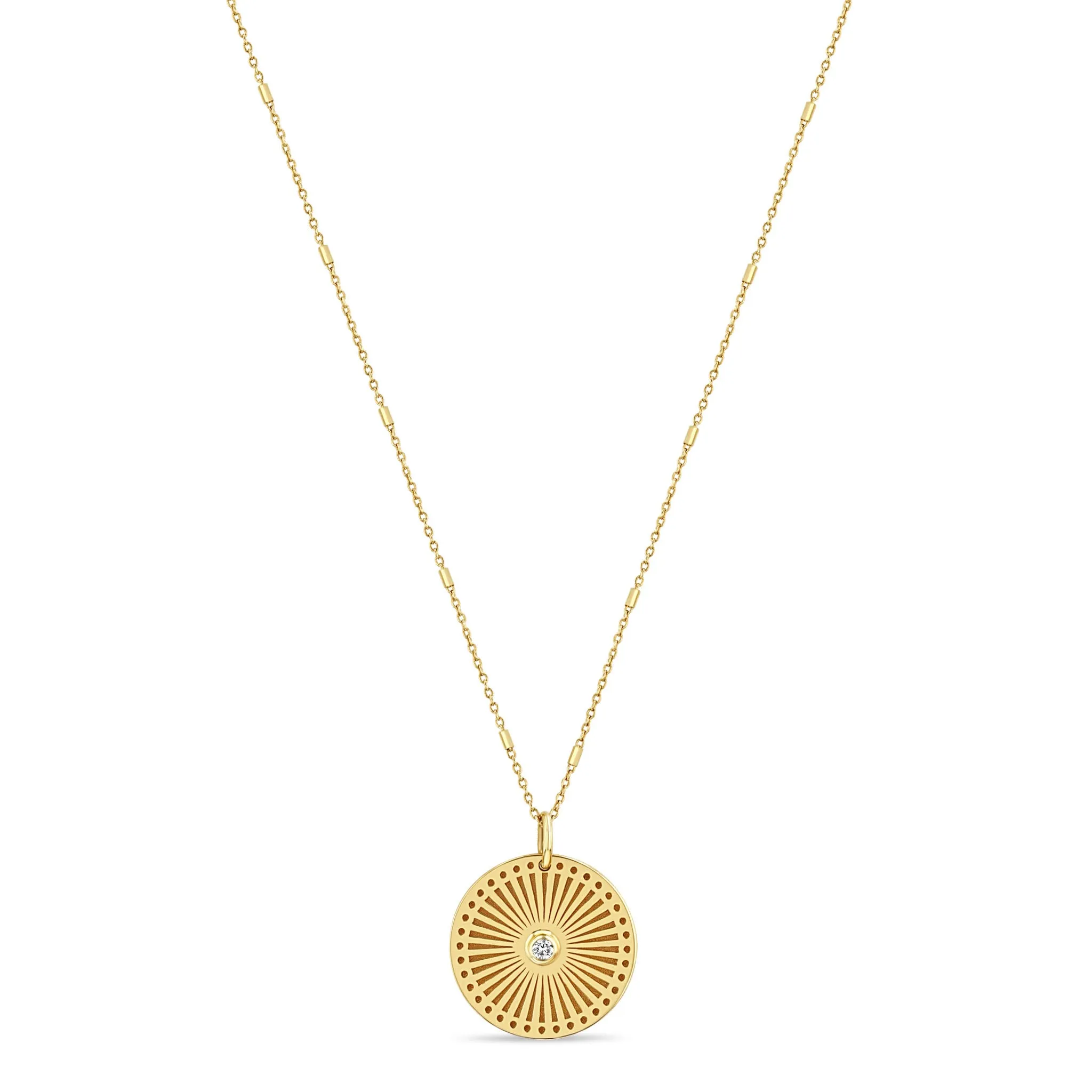 14k Small Sunbeam Medallion Diamond Bezel Necklace