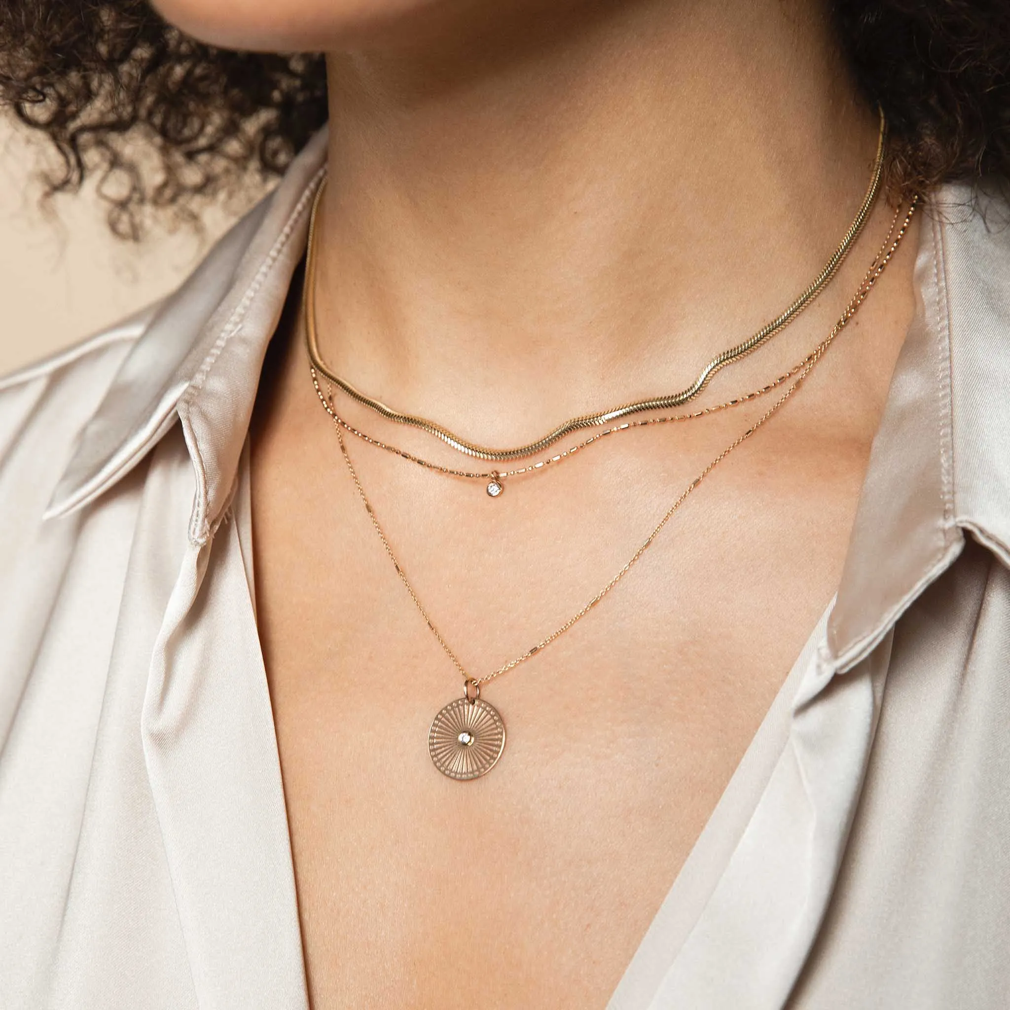 14k Small Sunbeam Medallion Diamond Bezel Necklace