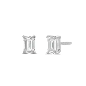 14K Solid White Gold Solitaire Stud Earrings | Emerald Cut Cubic Zirconia | Screw Back Posts | 1.0 CTW | With Gift Box