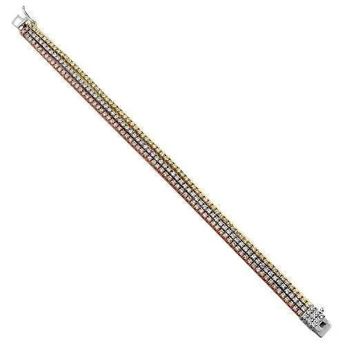 14K Three Tone Solid Gold Three-Row Diamond Bracelet 6.50 Ctw