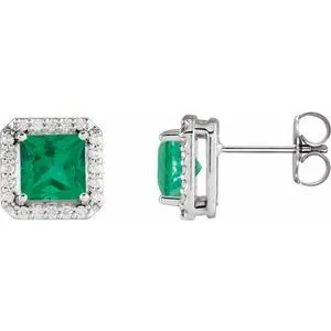 14K White 5x5 mm Lab-Grown Emerald 1/6 CTW Natural Diamond Halo-Style Earrings