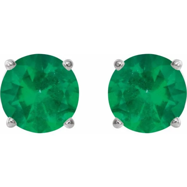 14K White 7 mm Lab-Grown Emerald Stud Earrings