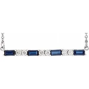 14K White Chatham® Created Blue Sapphire & 1/5 CTW Diamond Bar 16-18" Necklace