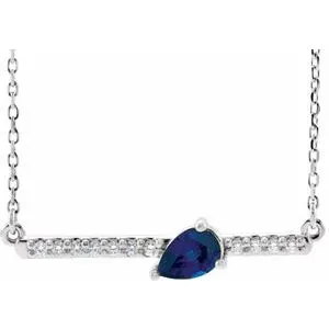 14K White Chatham® Lab-Created Blue Sapphire & 1/10 CTW Diamond Bar 16" Necklace