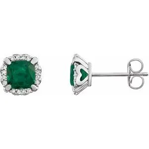 14K White Created Emerald & 1/10 CTW Diamond Earrings
