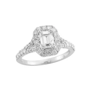14K White Gold (0.79ct) Emerald Cut Diamond Halo Ring
