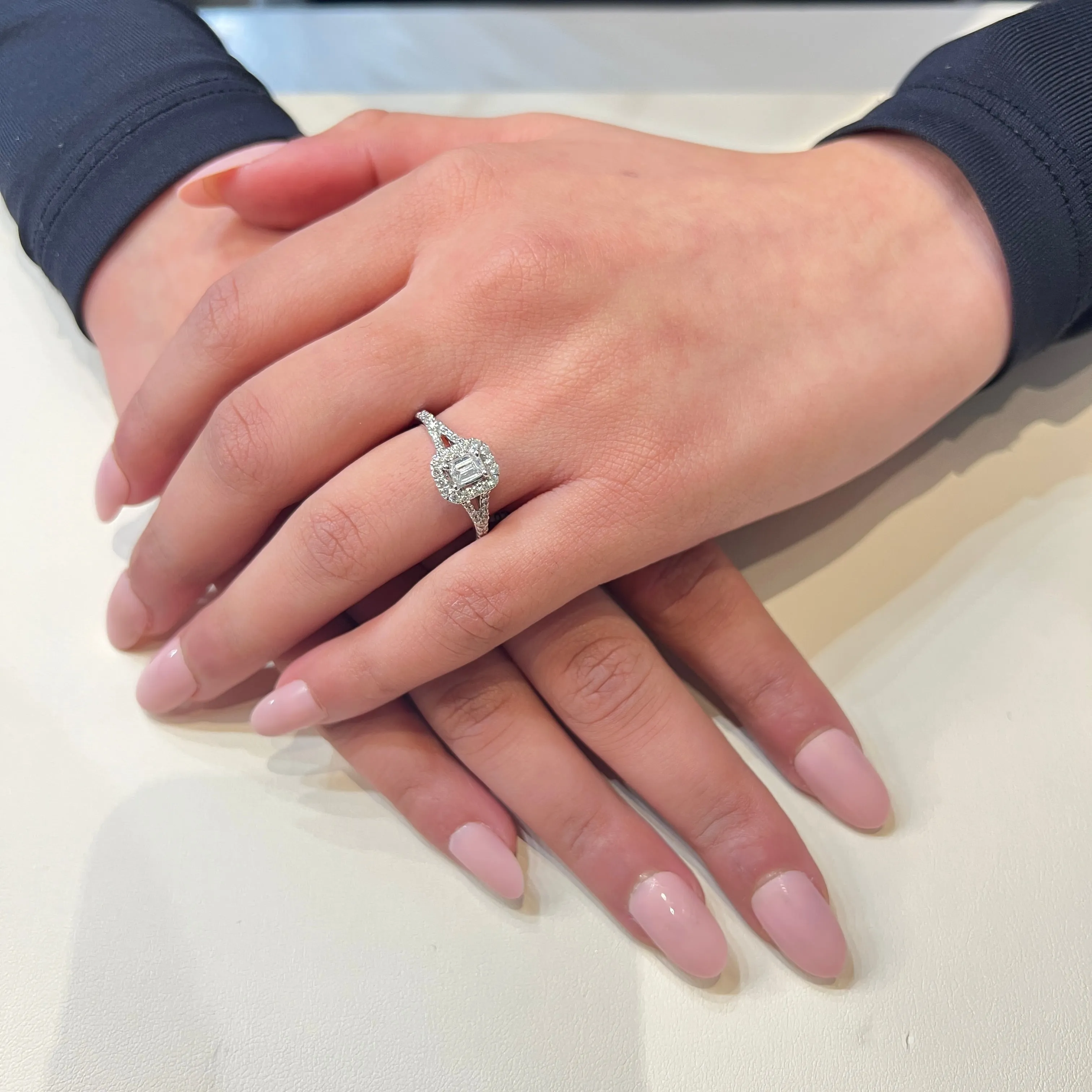 14K White Gold (0.79ct) Emerald Cut Diamond Halo Ring