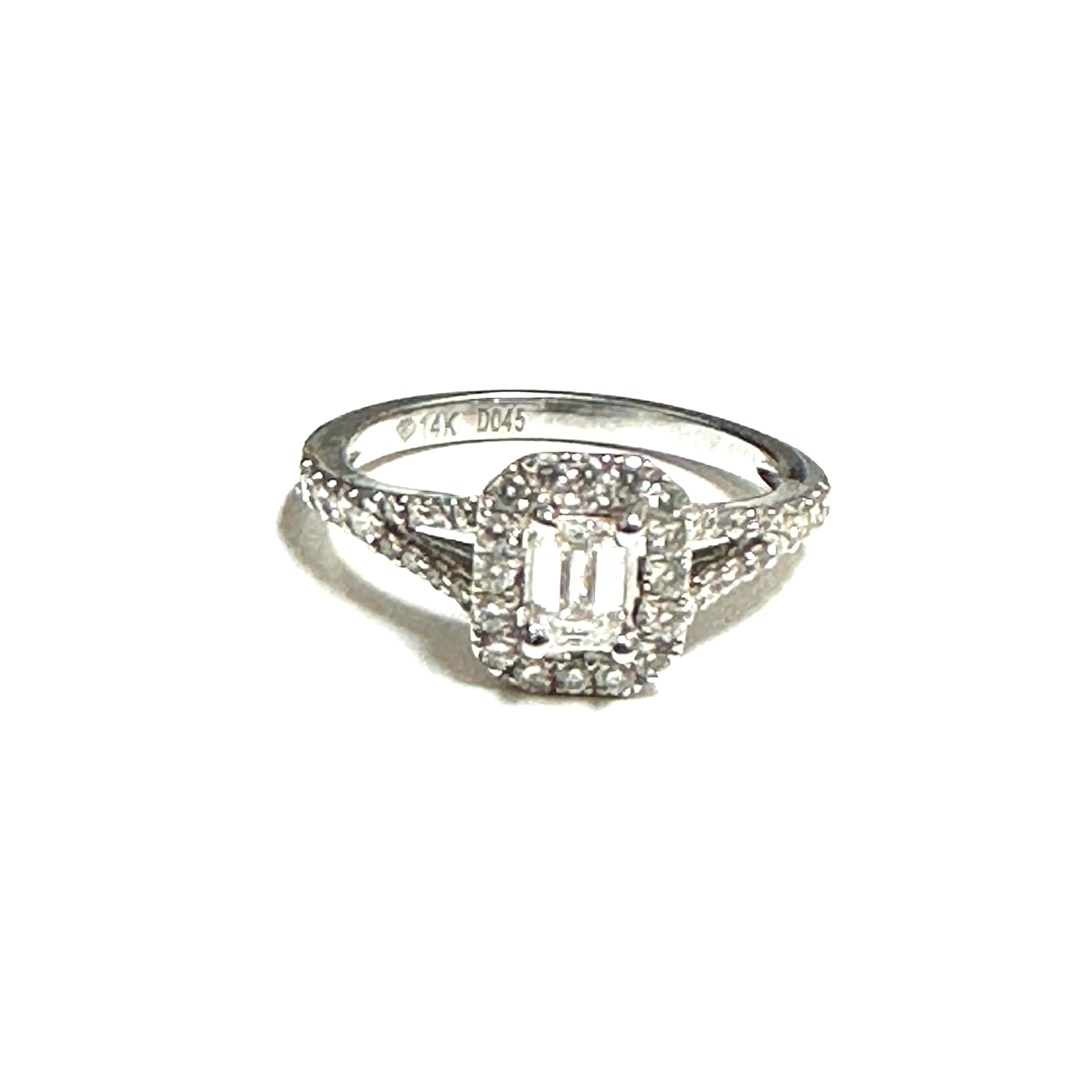 14K White Gold (0.79ct) Emerald Cut Diamond Halo Ring