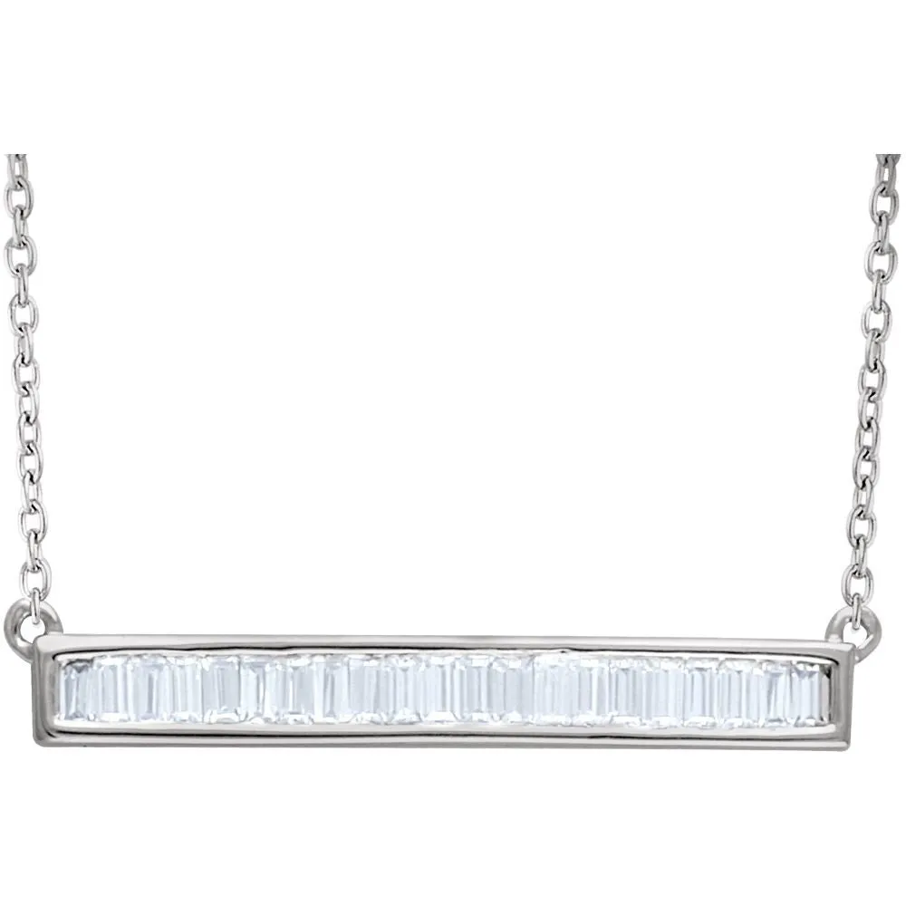 14k White Gold 1/2 CTW Diamond Baguette Bar 16-18" Necklace