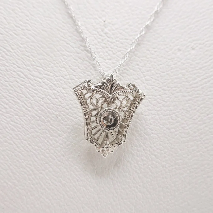 14K White Gold and Diamond Antique Filigree 18" Necklace