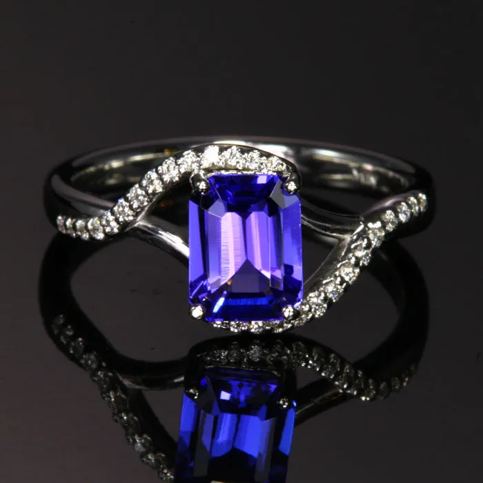 14k White Gold Emerald Cut Tanzanite and Diamond Ring 1.44 Carats