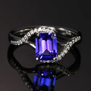 14k White Gold Emerald Cut Tanzanite and Diamond Ring 1.44 Carats