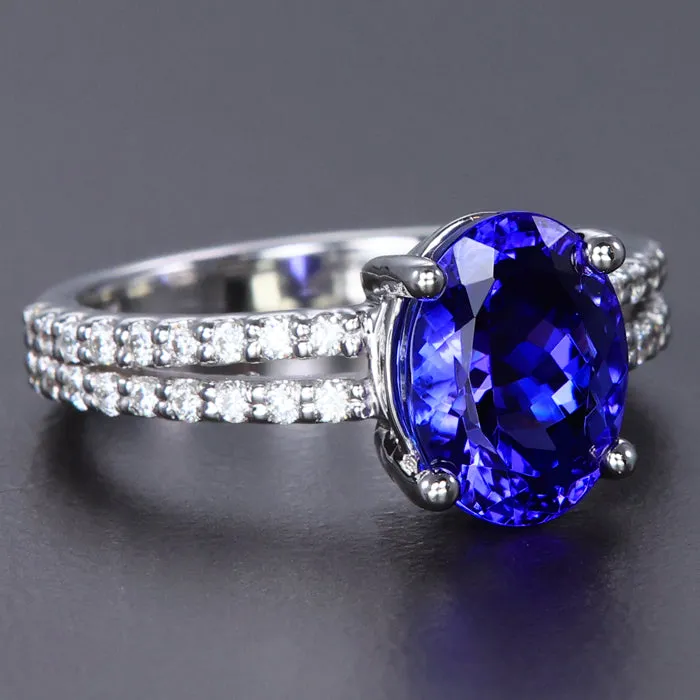 14k White Gold Oval Tanzanite and Diamond Ring 3.63 Carats