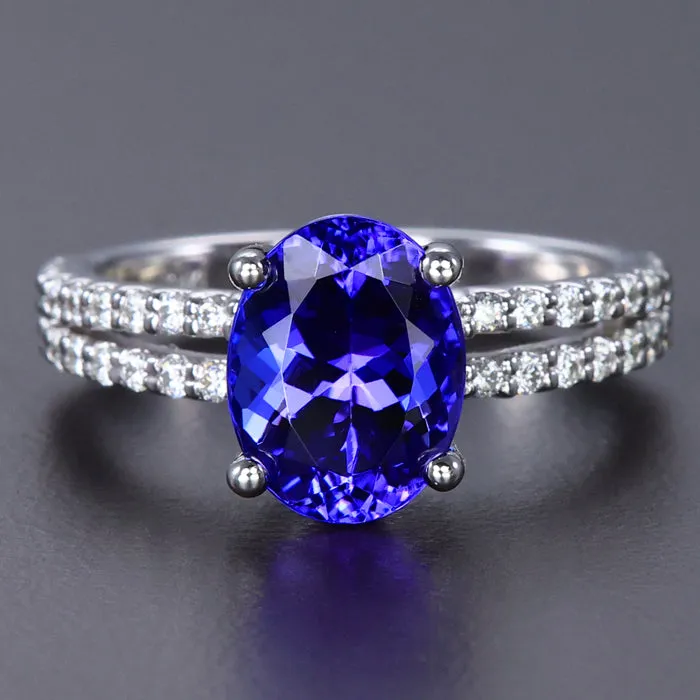 14k White Gold Oval Tanzanite and Diamond Ring 3.63 Carats