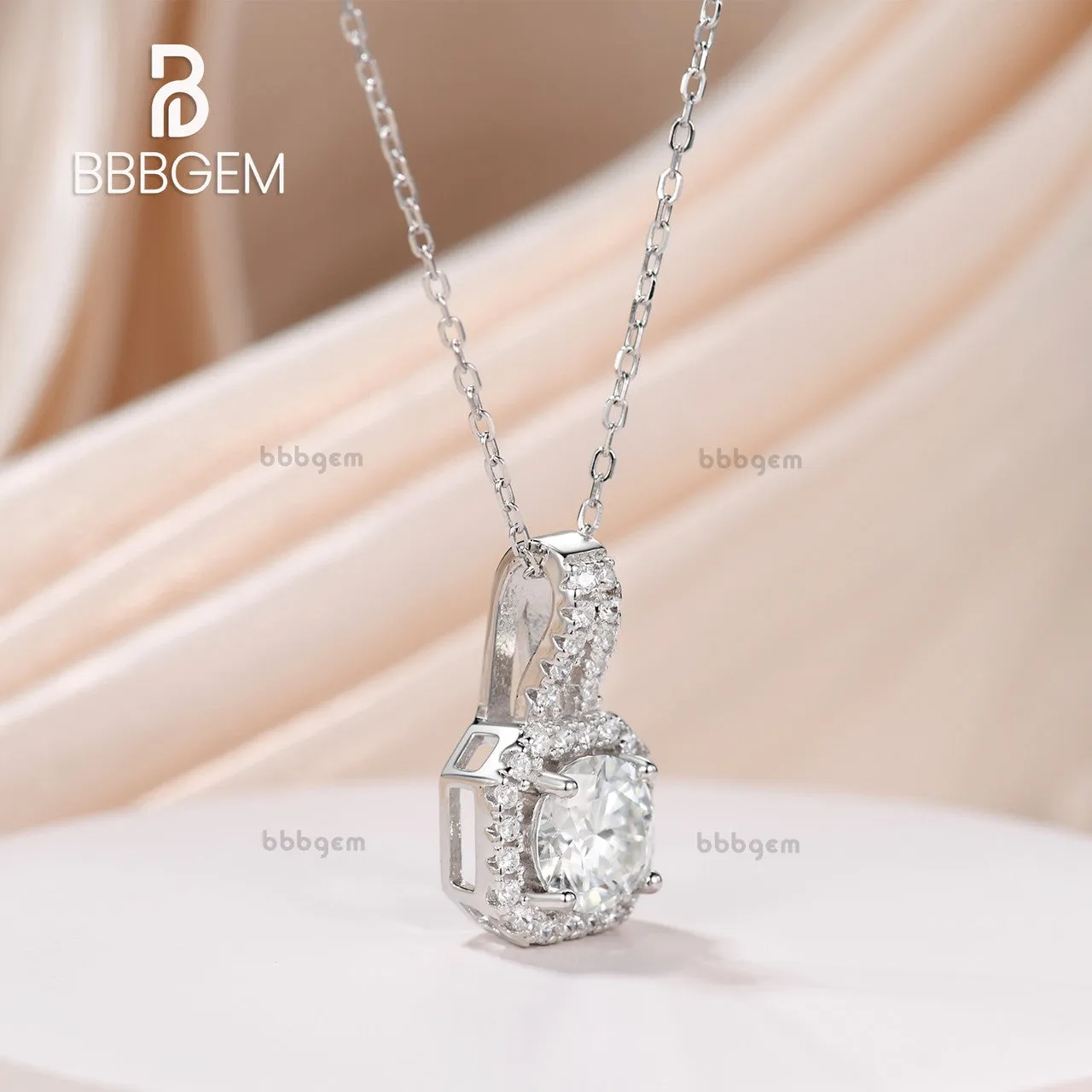 14K White Gold Pave Halo Solitaire Asscher Shape Round Cut Moissanite Dangling Drop Pendant Necklace Women's Gift