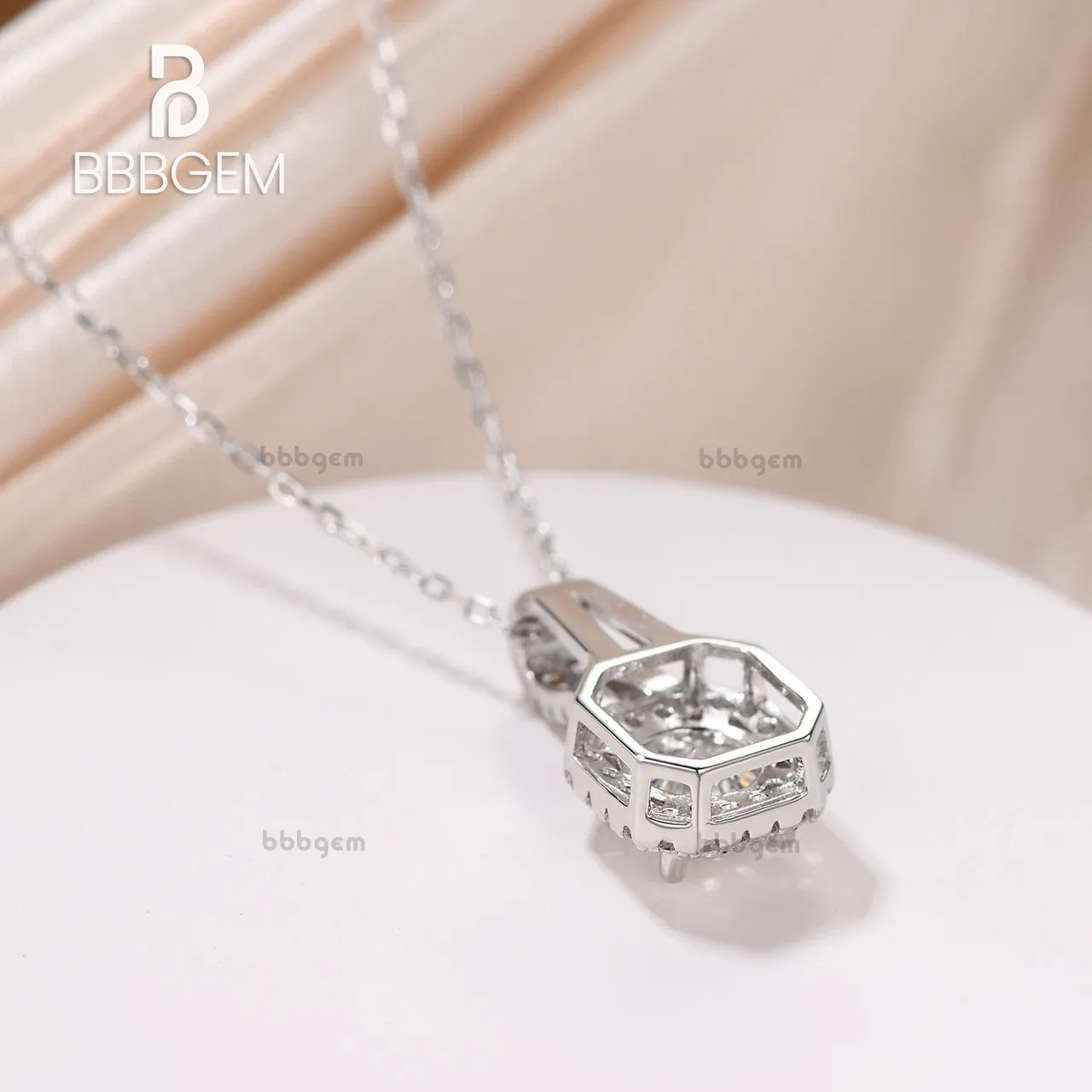 14K White Gold Pave Halo Solitaire Asscher Shape Round Cut Moissanite Dangling Drop Pendant Necklace Women's Gift
