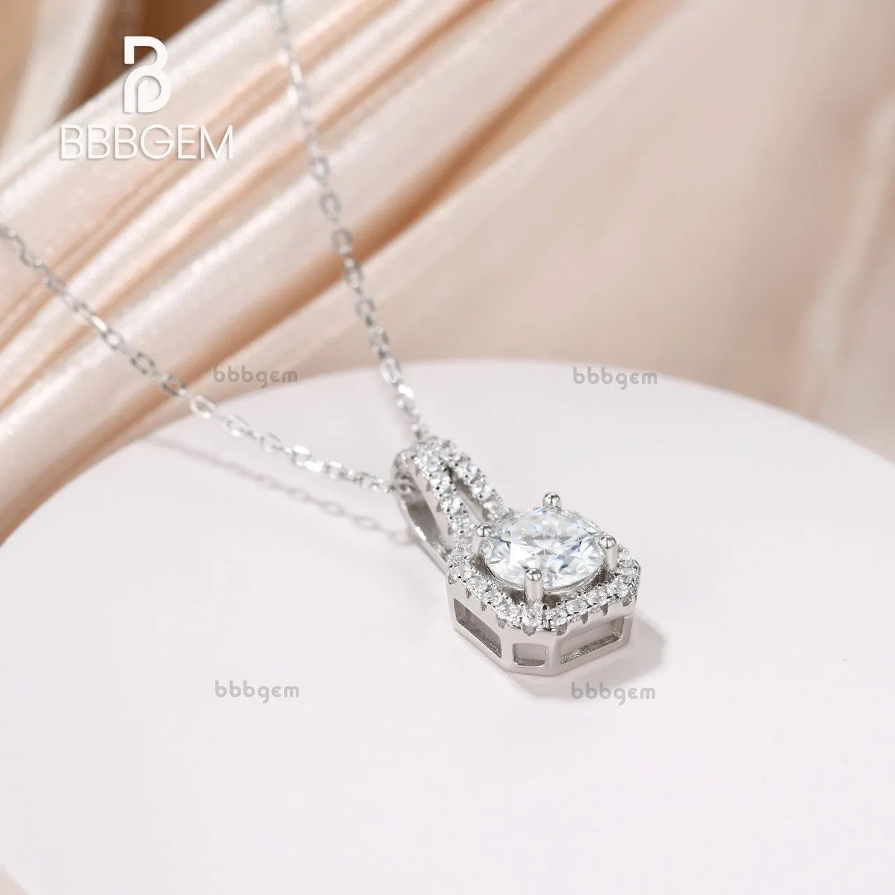 14K White Gold Pave Halo Solitaire Asscher Shape Round Cut Moissanite Dangling Drop Pendant Necklace Women's Gift