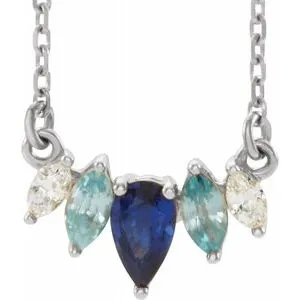 14K White Multi-Gemstone & .07 CTW Diamond Curved Bar 16" Necklace