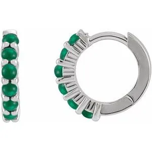 14K White Natural Emerald Cabochon 12.2 mm Huggie Hoop Earrings