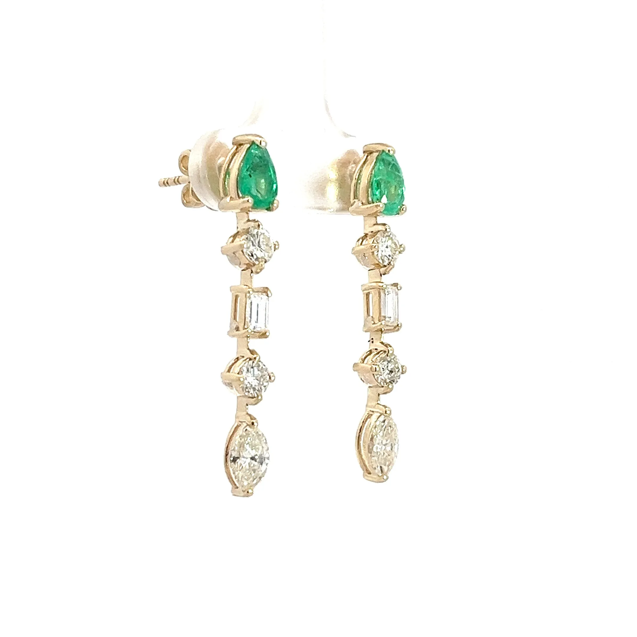 14k Yellow Gold 1.00ct Pear Shape Colombian Emerald , .77ct Marquise, .70ct Round and .27ct Emerald Cut Dangle Earrings