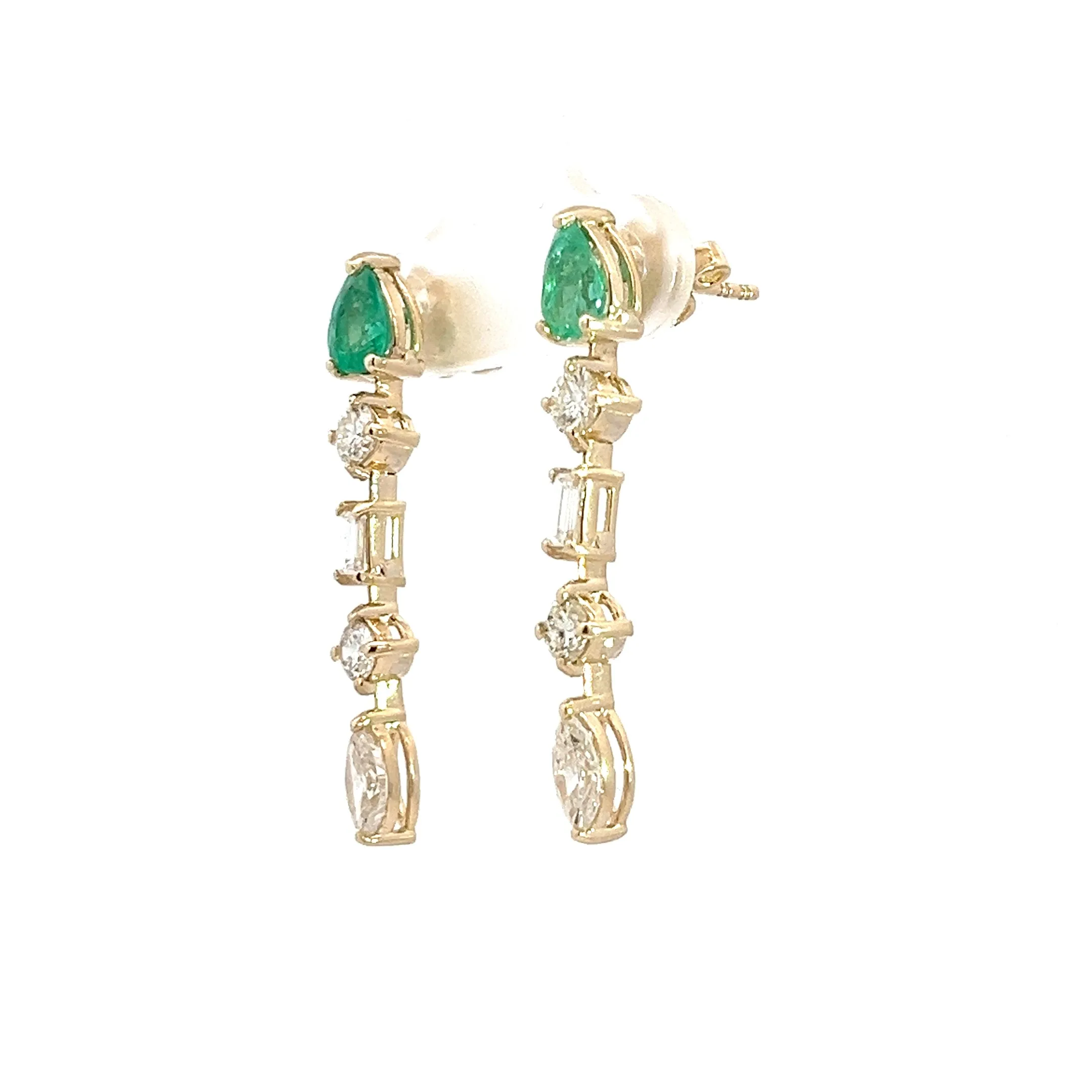 14k Yellow Gold 1.00ct Pear Shape Colombian Emerald , .77ct Marquise, .70ct Round and .27ct Emerald Cut Dangle Earrings