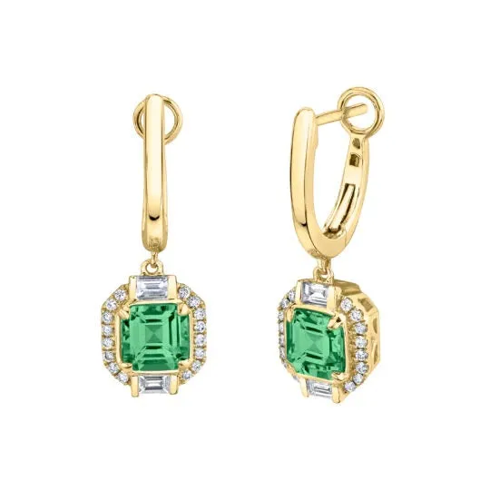14k Yellow Gold 2.82cttw Green Tourmaline & .29cttw Diamond Huggie Earrings