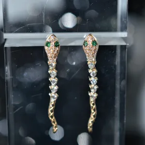 14K Yellow Gold Adorable Diamond And Emerald Snake Earrings