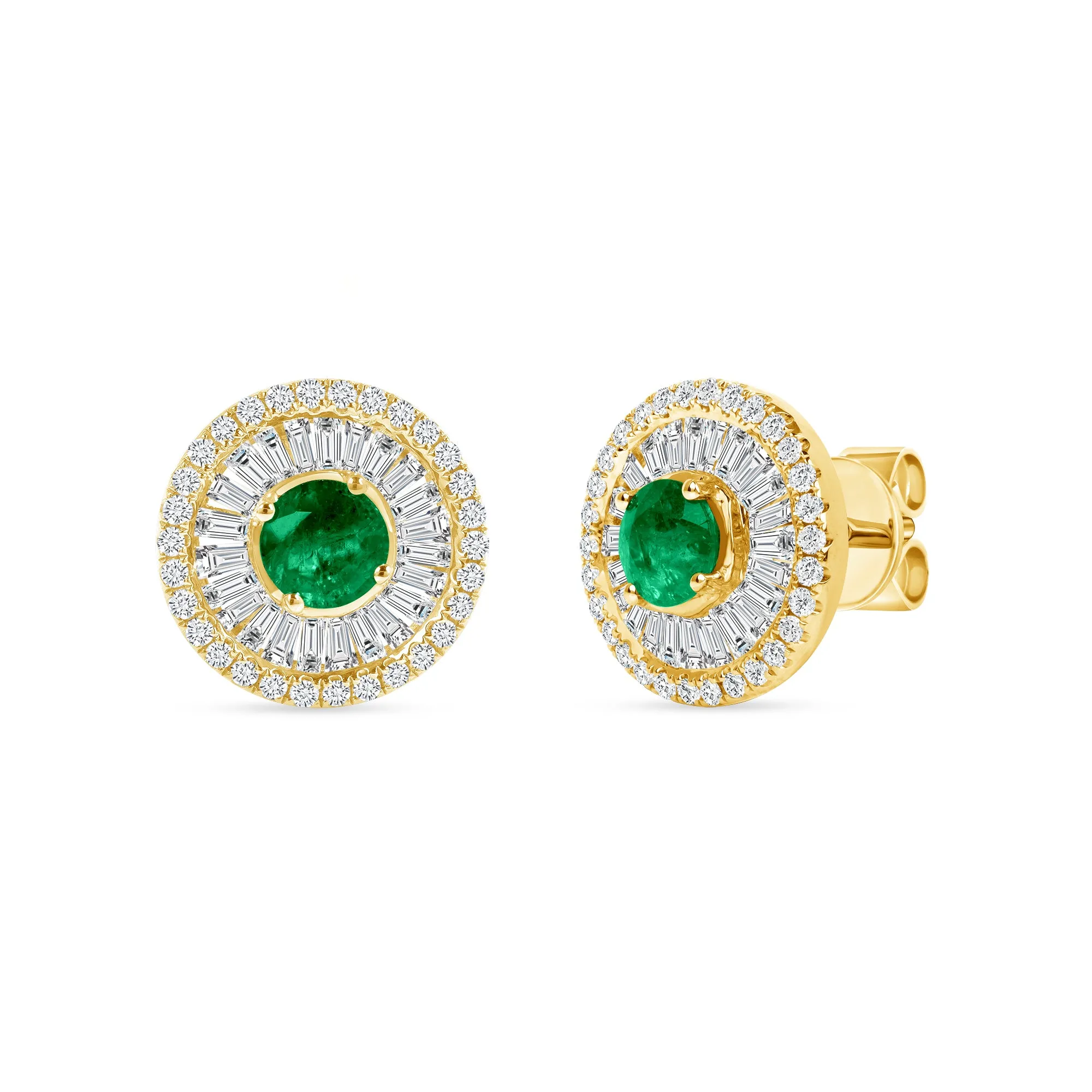 14K Yellow Gold Emerald & Baguette Diamond Flower Stud Earrings