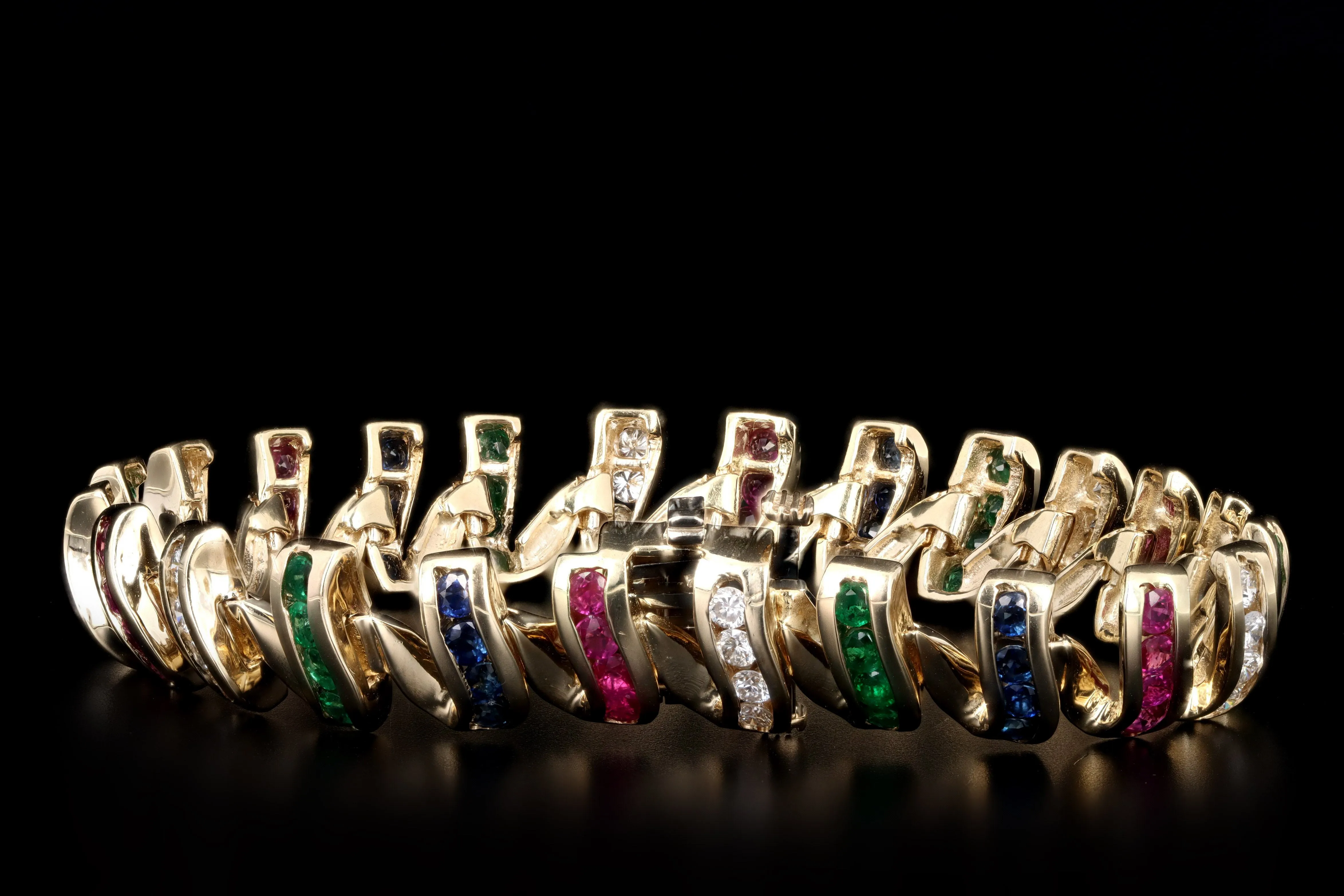 14K Yellow Gold Multi Gemstone & Diamond Swirl Link Bracelet
