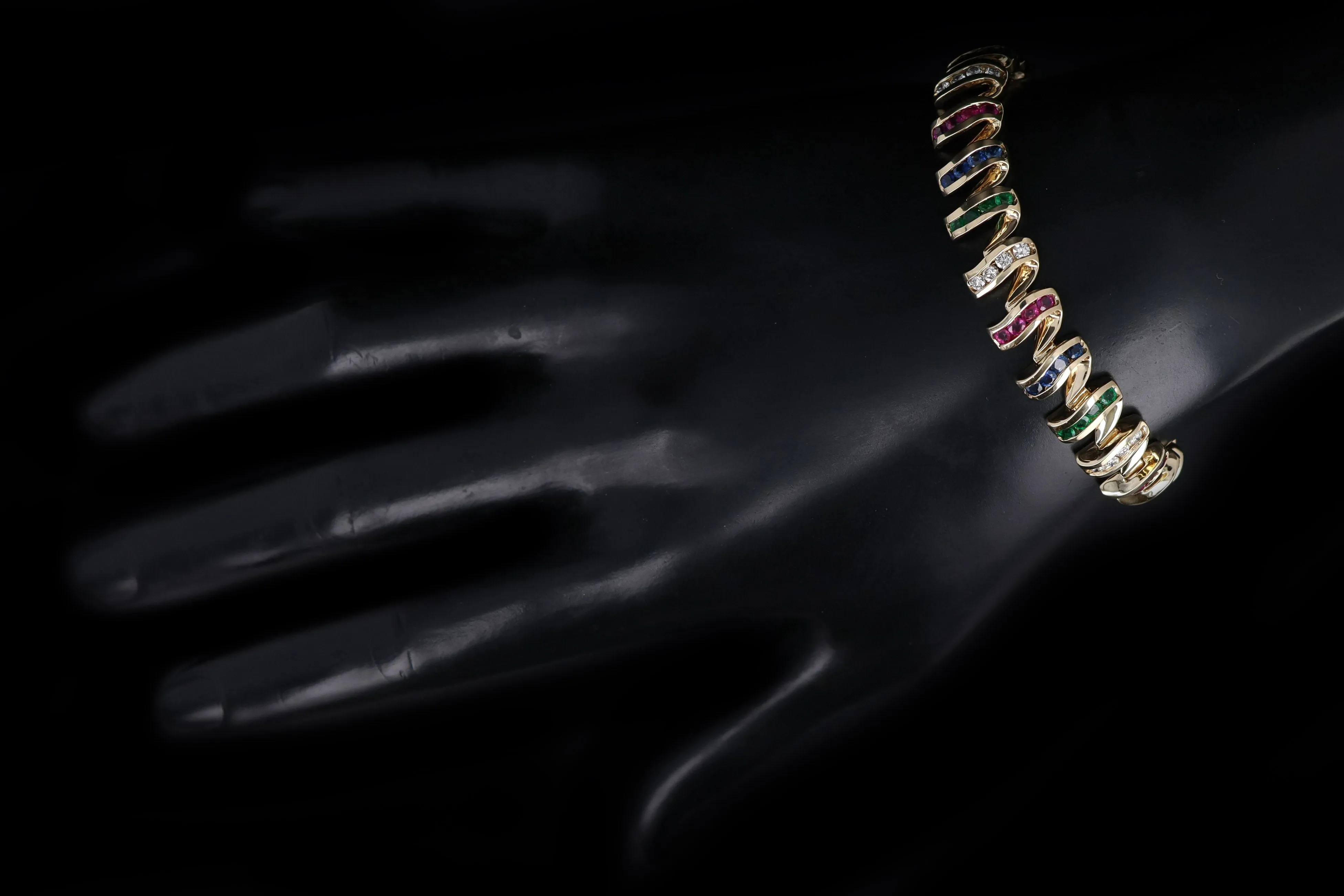 14K Yellow Gold Multi Gemstone & Diamond Swirl Link Bracelet