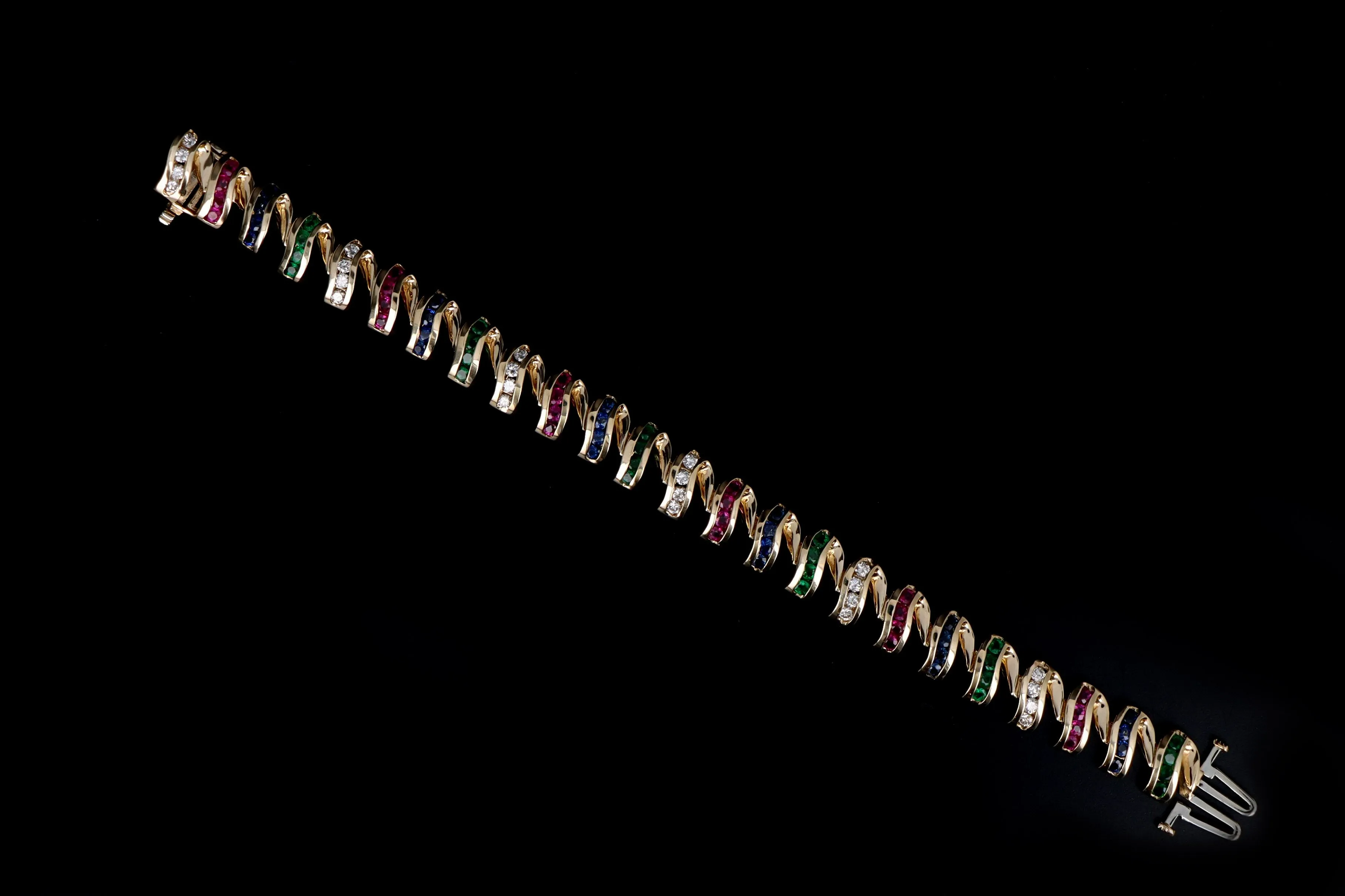 14K Yellow Gold Multi Gemstone & Diamond Swirl Link Bracelet