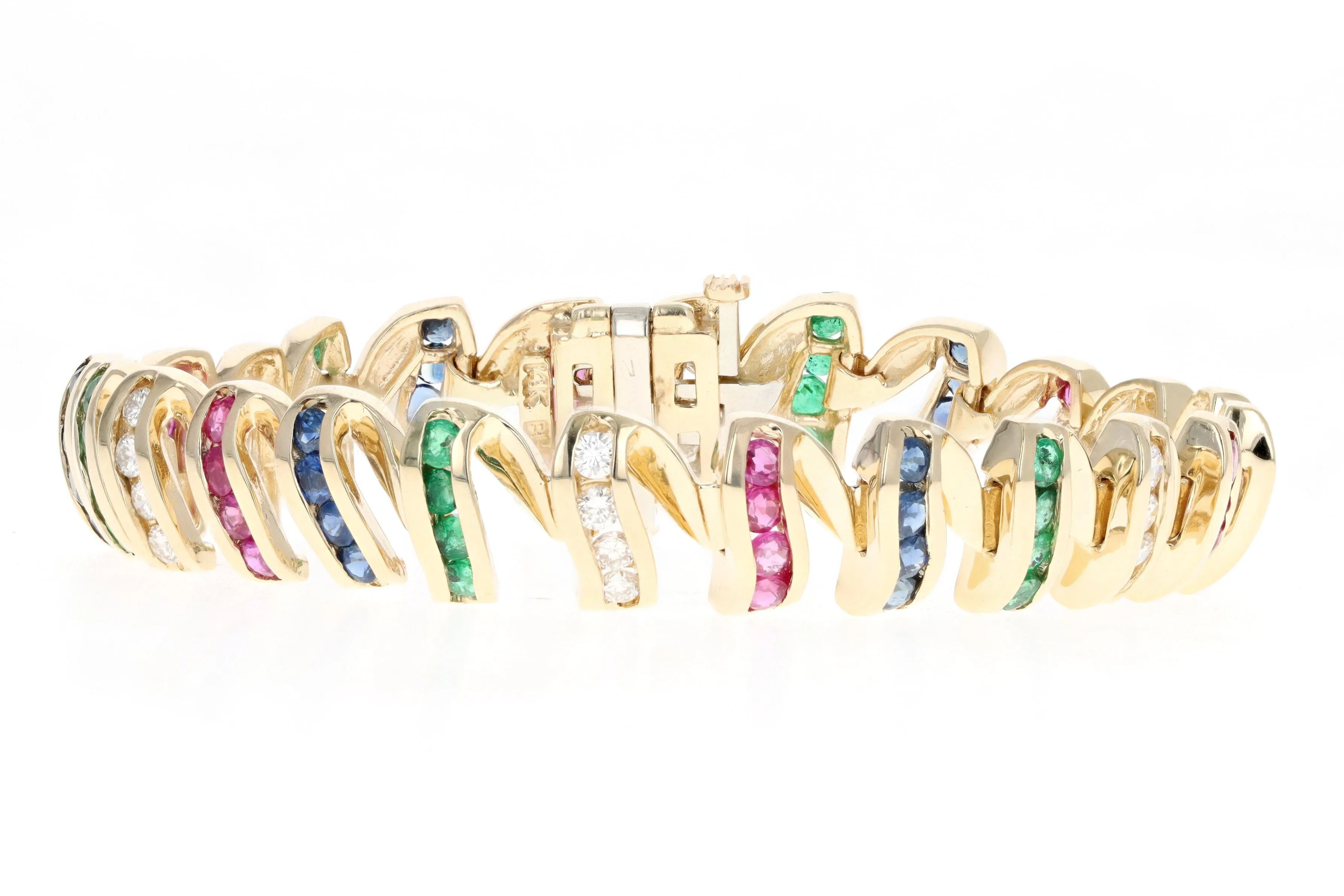 14K Yellow Gold Multi Gemstone & Diamond Swirl Link Bracelet