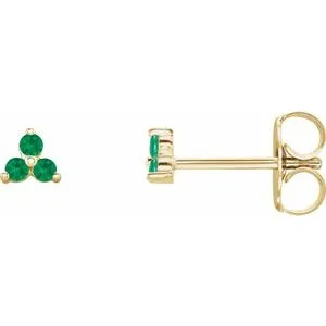 14K Yellow Natural Emerald Three Stone Earrings