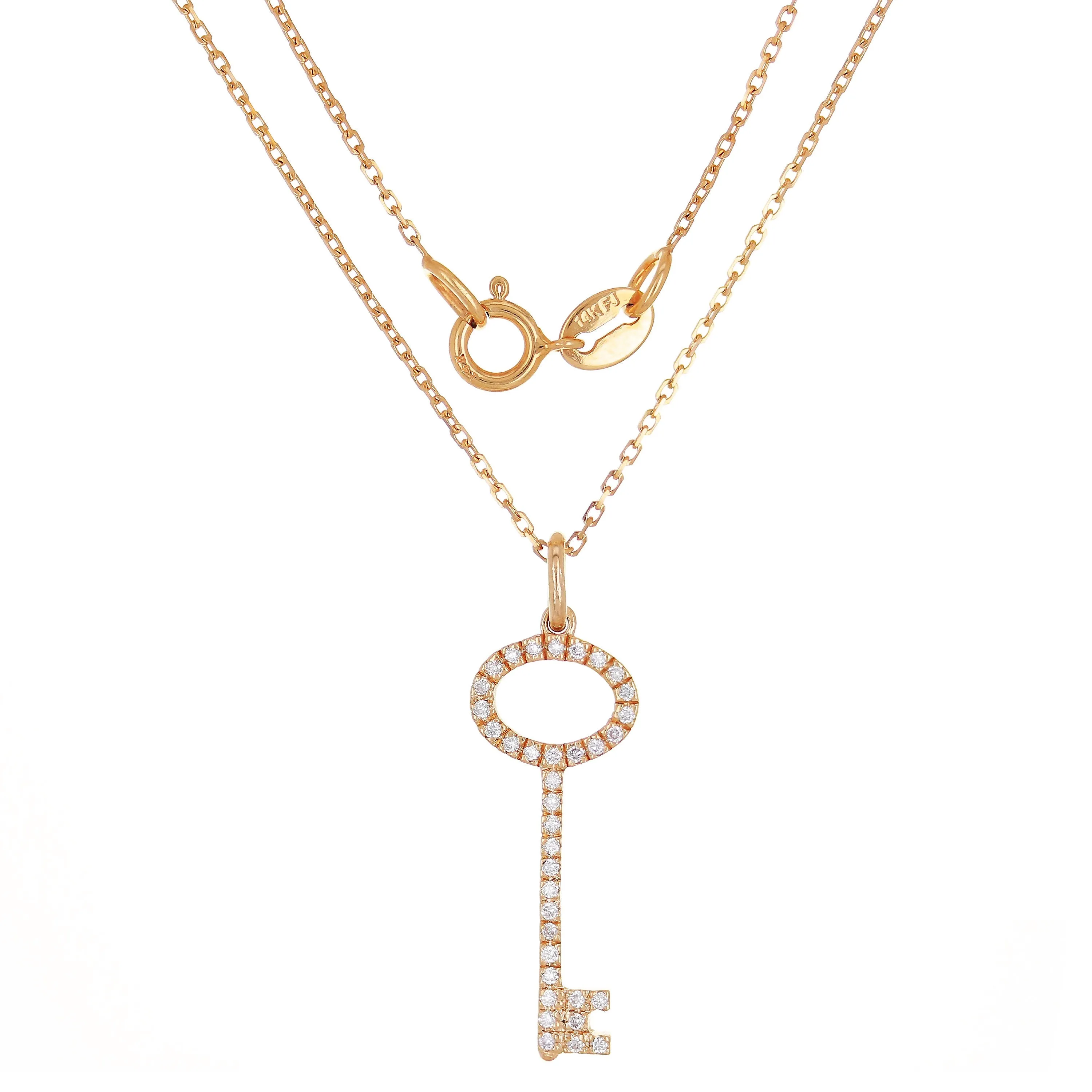14k Yellow or Rose Gold 0.13 ctw Diamond Key Pendant Necklace 18"