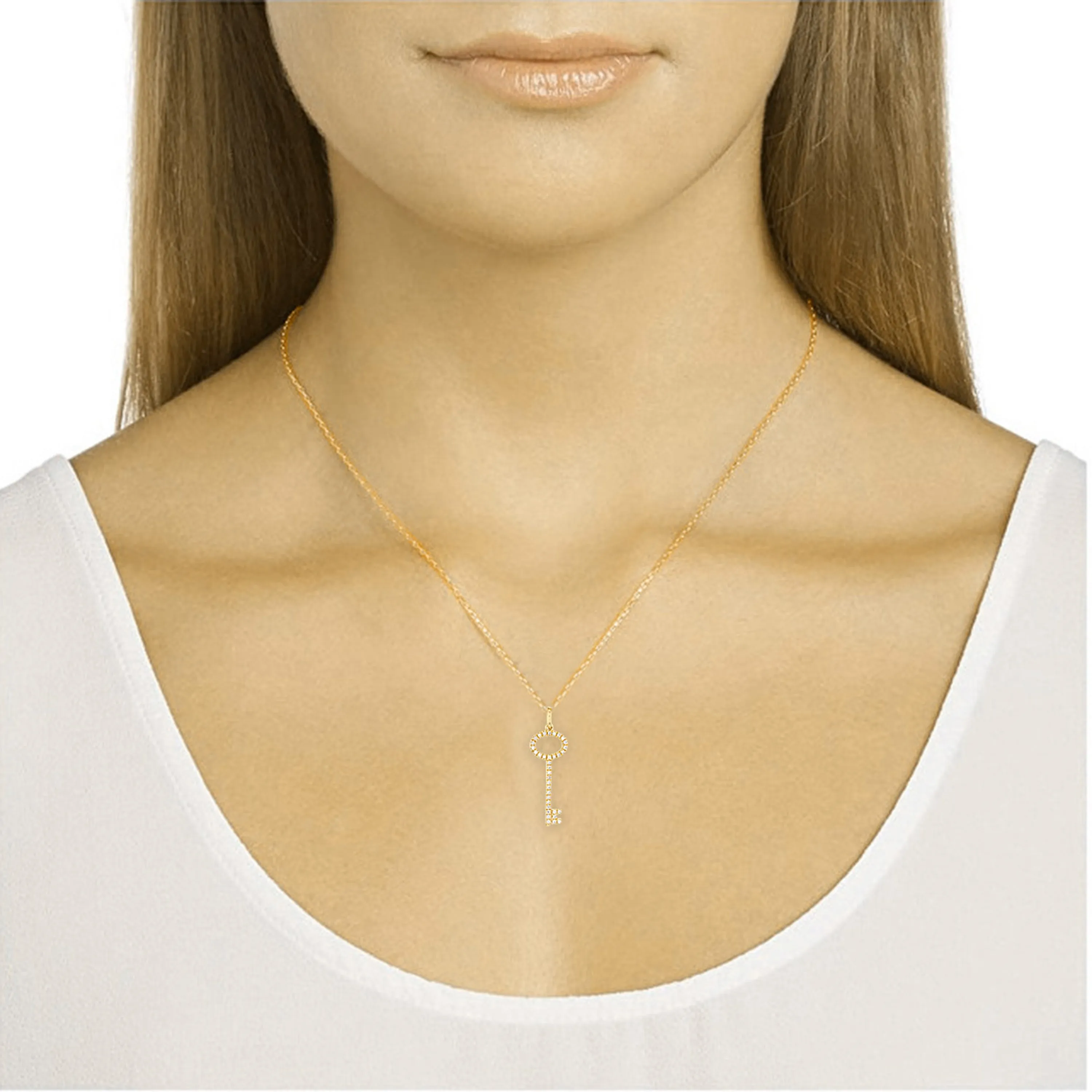 14k Yellow or Rose Gold 0.13 ctw Diamond Key Pendant Necklace 18"