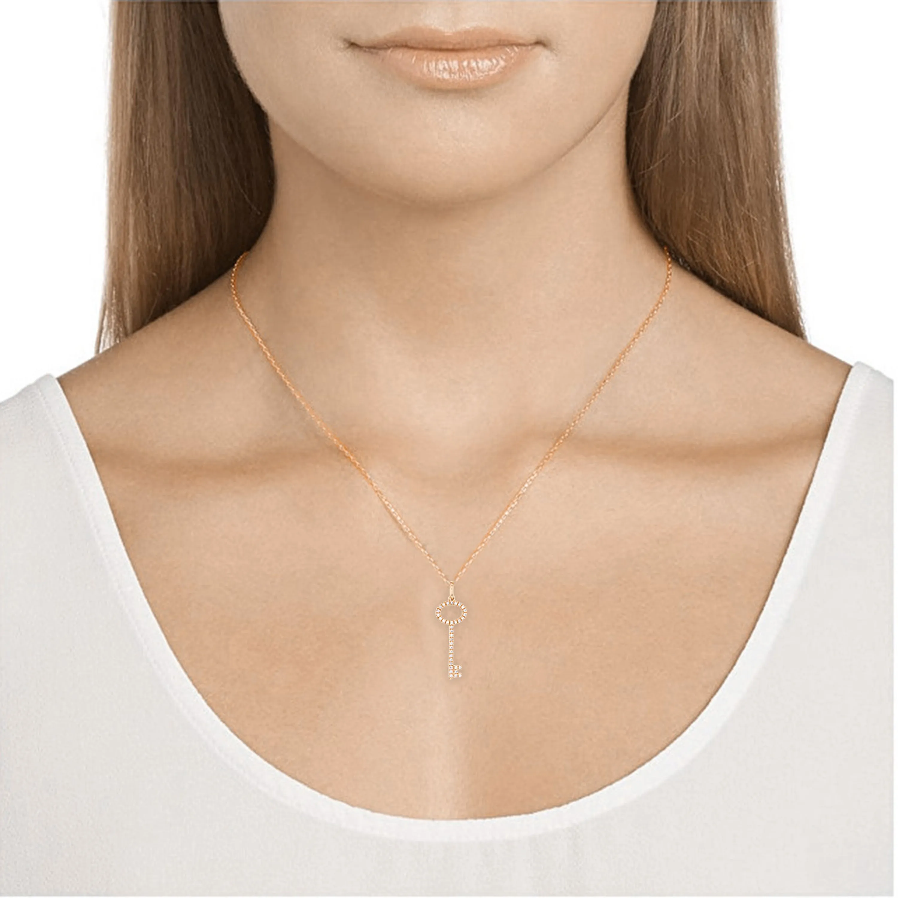 14k Yellow or Rose Gold 0.13 ctw Diamond Key Pendant Necklace 18"